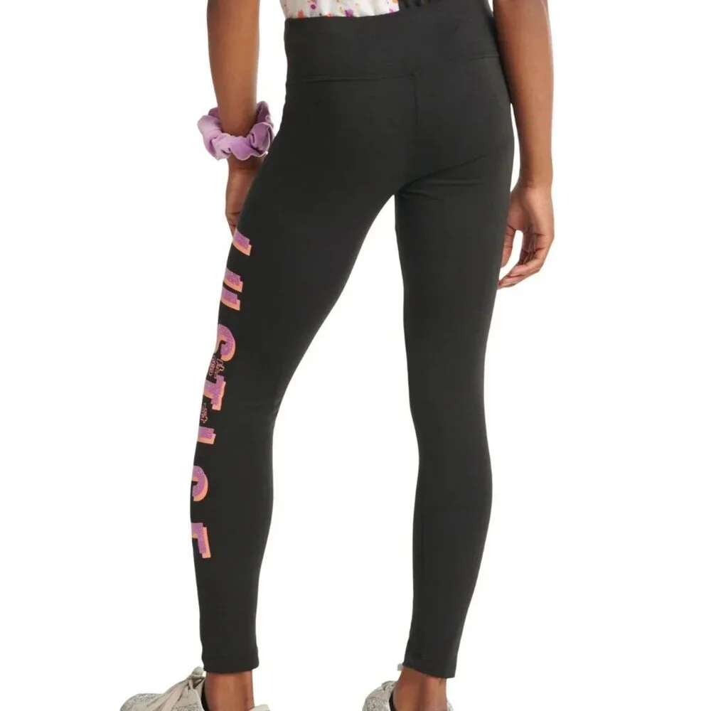 JUSTICE Graphic Leggings Glittery Logo Full Length GIRLS SIZE S 7-8 Black NEW